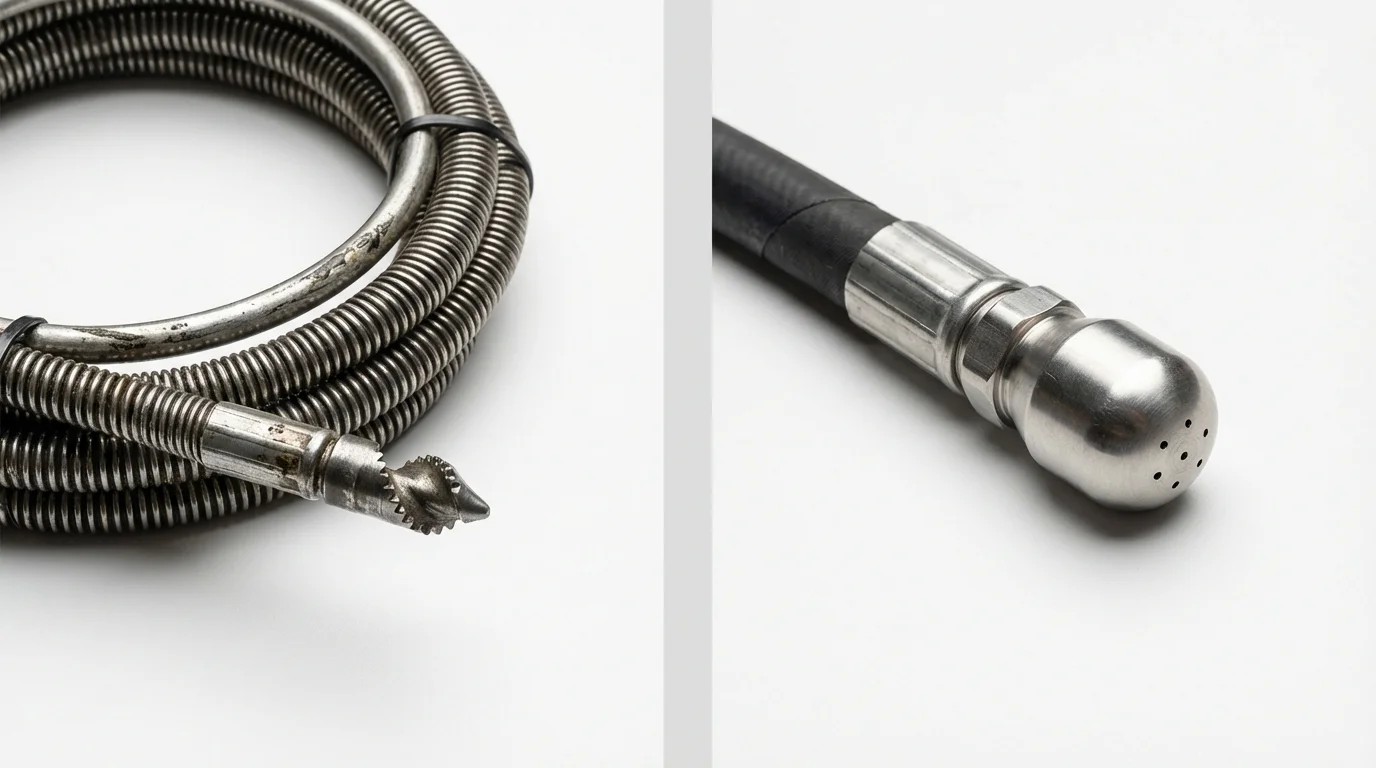 Drain snake cable and hydro jetting nozzle used for drain cleaning in Northville, NY