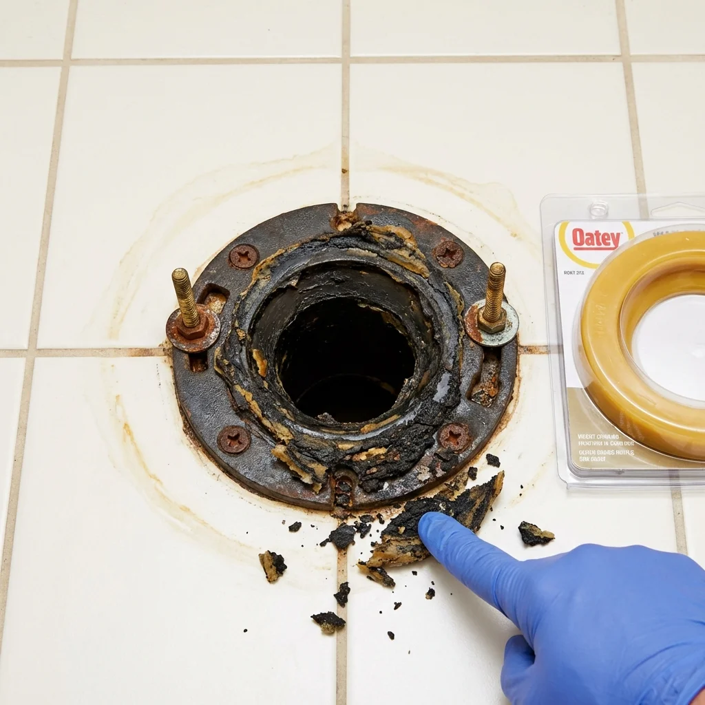 Failed wax ring showing water seepage at the base of a toilet in a Northville, NY home